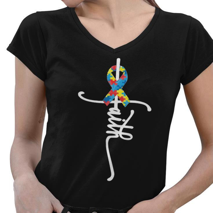 Autism Faith Puzzle Ribbon V2 Women V-Neck T-Shirt