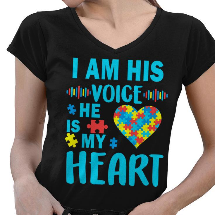 Autism I Am His Voice He Is My Heart Tshirt Women V-Neck T-Shirt