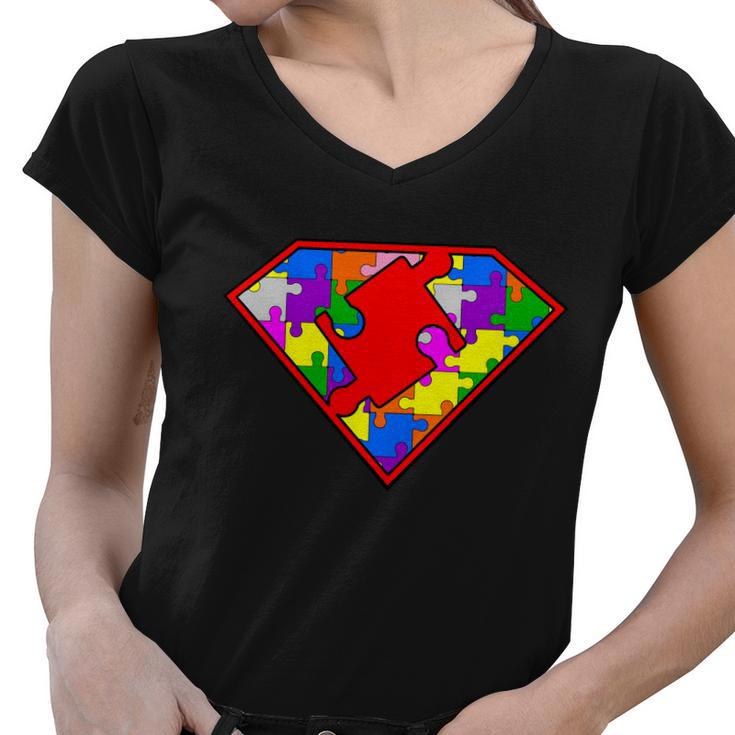 Autism Superhero Puzzle Crest Tshirt Women V-Neck T-Shirt
