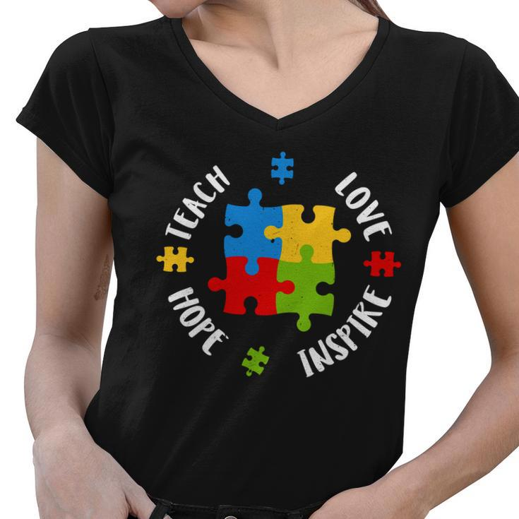 Autism Teacher Teach Love Hope Inspire Tshirt Women V-Neck T-Shirt