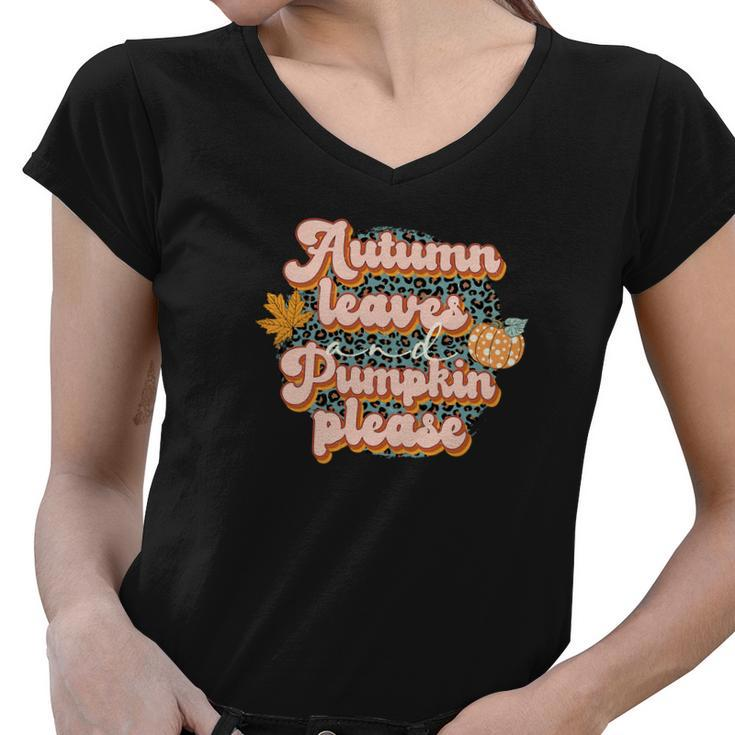 Autumn Leaves Pumpkin Please Leopard Plaid Fall Women V-Neck T-Shirt