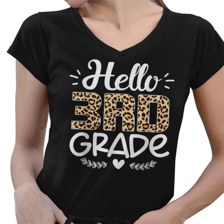 Back To School Hello 3Rd Grade Third Grade Leopard Teacher  Women V-Neck T-Shirt