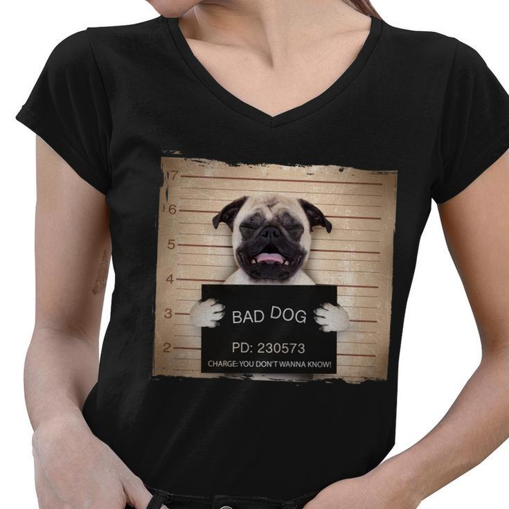 Bad Dog Funny Pug Prison Mug Shot Women V-Neck T-Shirt