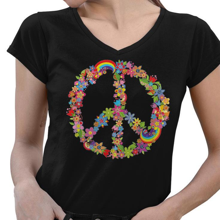 Beautiful Flower Peace Sign Women V-Neck T-Shirt