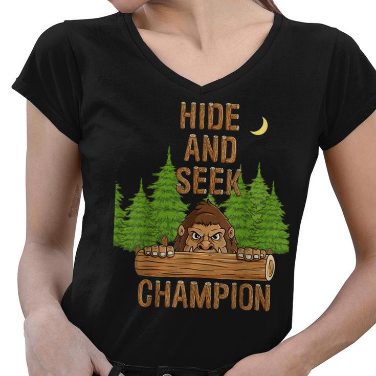 Bigfoot Hide And Seek Champion Funny Sasquatch Forest  V2 Women V-Neck T-Shirt