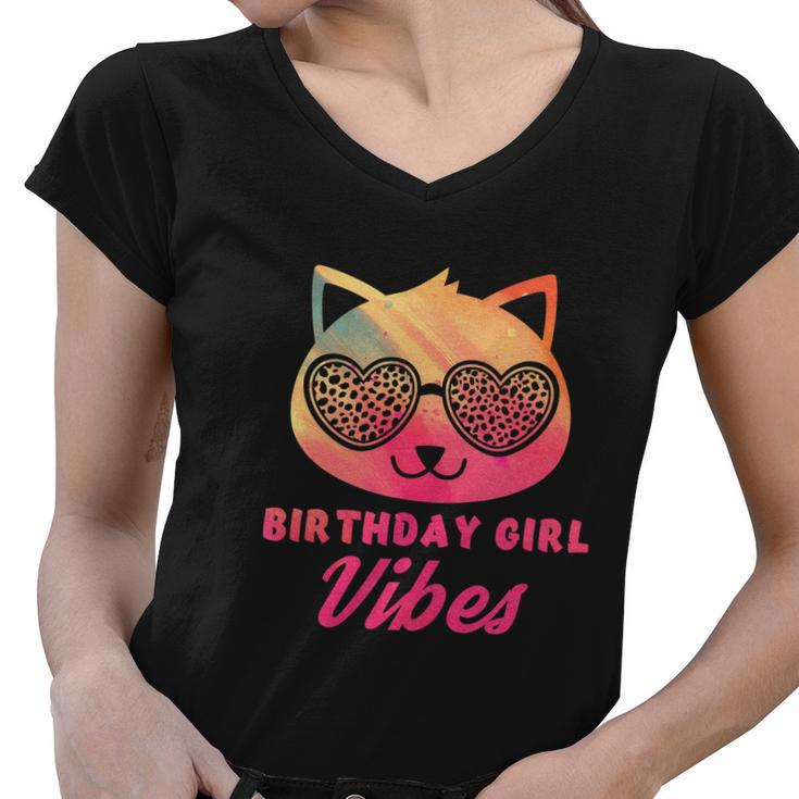 Birthday Girl Vibes Colorful Funny Cat Kitty Leopard Eyes Girls Women V-Neck T-Shirt