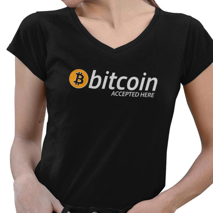 Bitcoin Accepted Here Cryptocurrency Logo Women V-Neck T-Shirt