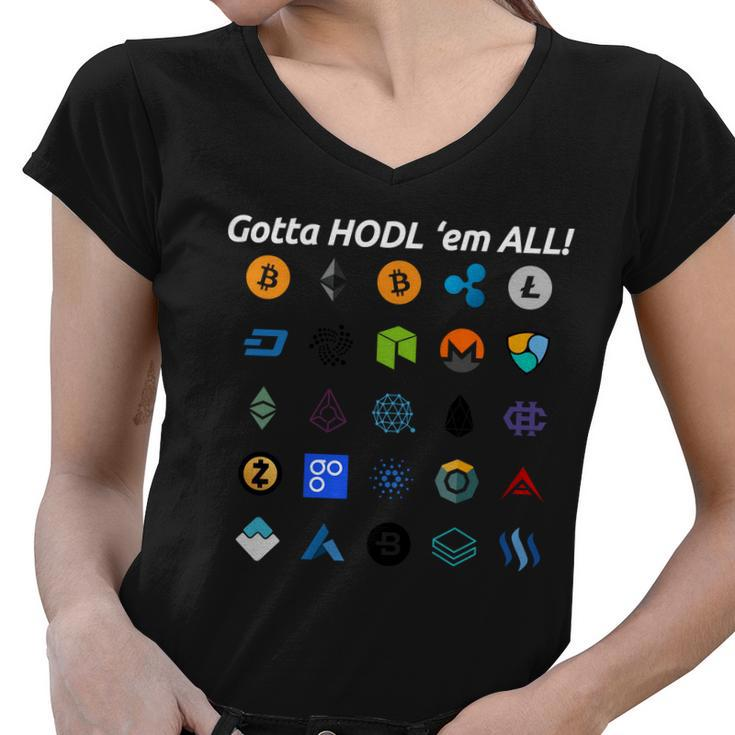 Bitcoin Litecoin Gotta Hodl Em All Cryptocurrency Logos Tshirt Women V-Neck T-Shirt