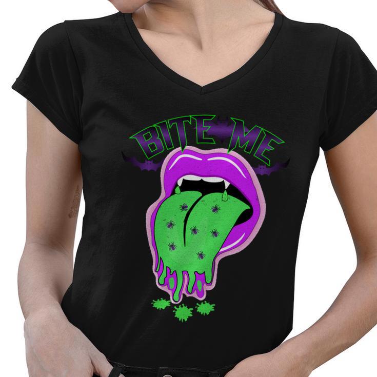 Bite Me Lips Halloween Quote Women V-Neck T-Shirt