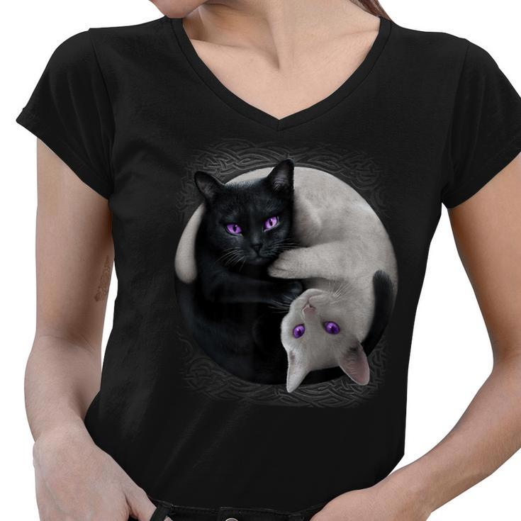 Black Cat And White Cat Yin And Yang Halloween For Men Women  Women V-Neck T-Shirt