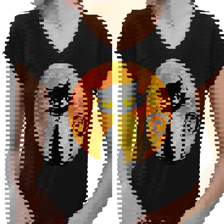 Black Cat Full Moon Halloween Cool Funny Ideas For Holidays  Women V-Neck T-Shirt
