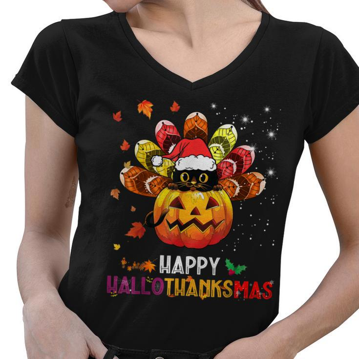 Black Cat Halloween And Merry Christmas Happy Hallothanksmas  Women V-Neck T-Shirt