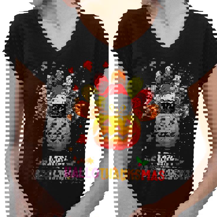 Black Cat Halloween And Merry Christmas Happy Hallothanksmas  Women V-Neck T-Shirt