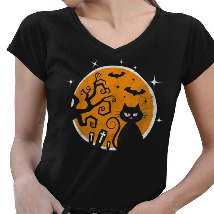 Black Cat Halloween  Costume Moon Funny Party Girl Kids  Women V-Neck T-Shirt
