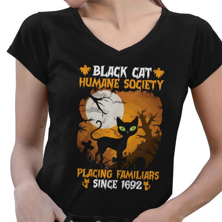 Black Cat Humane Society Placing Familiars Halloween Quote Women V-Neck T-Shirt