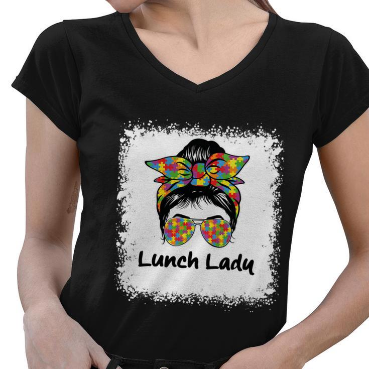 Bleached Lunch Lady Messy Hair Woman Bun Lunch Lady Life Gift Women V-Neck T-Shirt