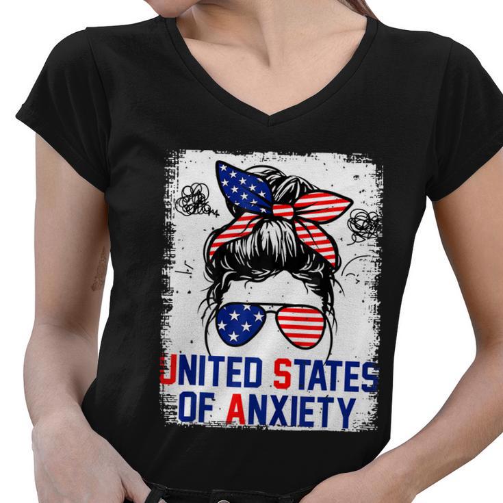 Bleached Messy Bun Funny Patriotic United States Anxiety Women V-Neck T-Shirt