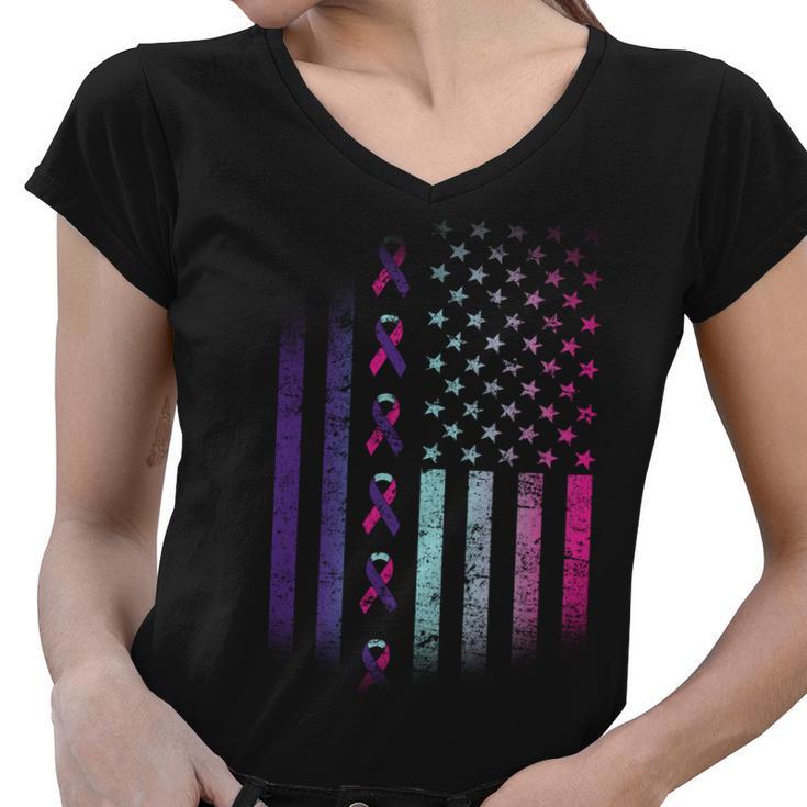 Blue Pink Teal Ribbon Flag Thyroid Cancer Awareness Women V-Neck T-Shirt