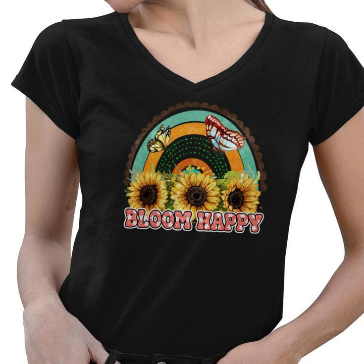 Boho Vintage Bloom Happy Flower And Butterfly Design Women V-Neck T-Shirt