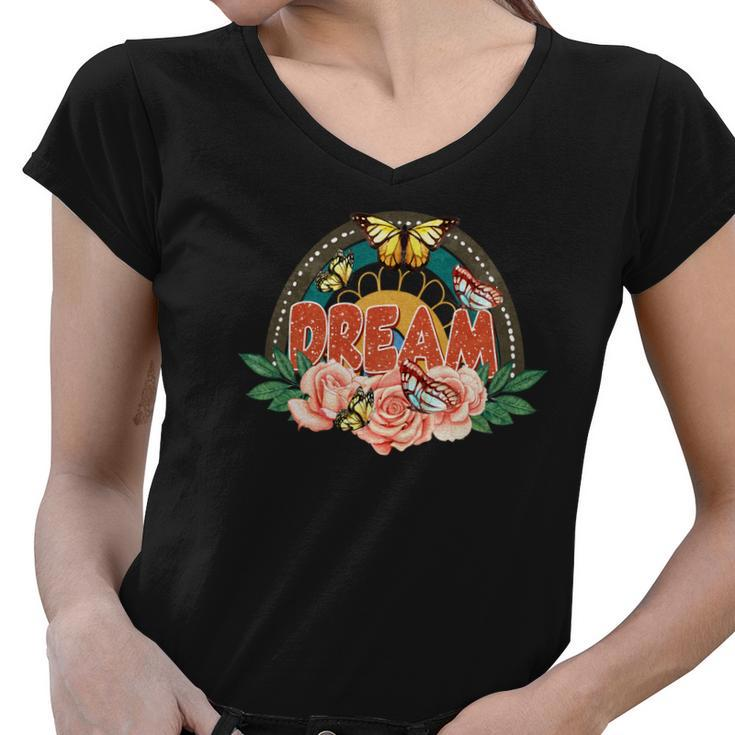 Boho Vintage Dream Flower And Butterfly Custom Women V-Neck T-Shirt