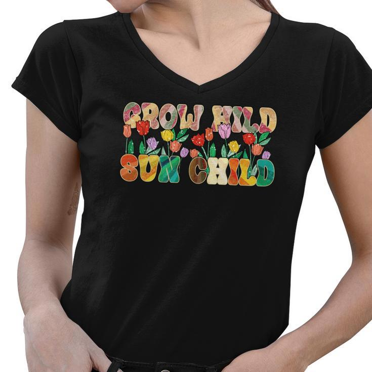 Boho Vintage Grow Wild Sun Child Colorful Design Women V-Neck T-Shirt