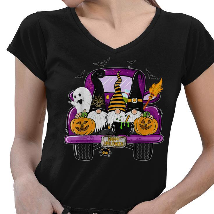 Boo Pumpkin Witch Gnomes In Halloween Truck Funny Holiday  Women V-Neck T-Shirt