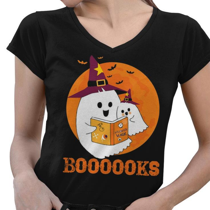 Booooks Halloween Boo Read Books Reading Women V-Neck T-Shirt