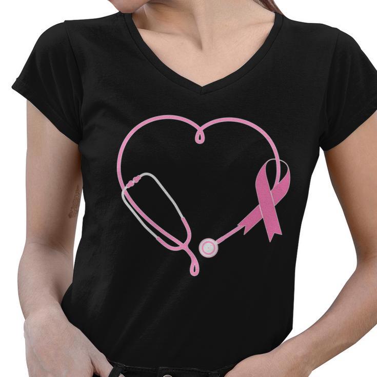 Breast Cancer Awareness Doctor Nurse Stethoscope Women V-Neck T-Shirt