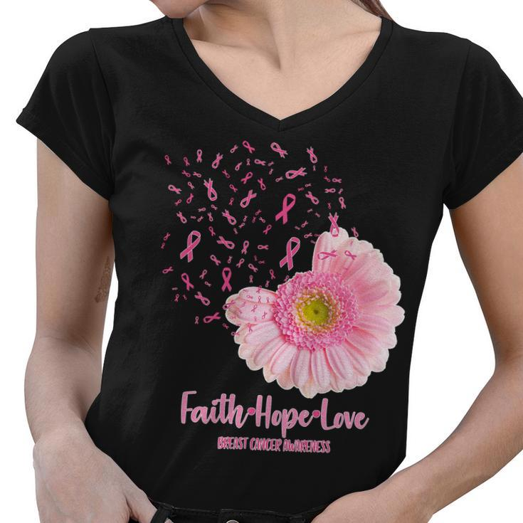 Breast Cancer Awareness Flowers Ribbons Women V-Neck T-Shirt