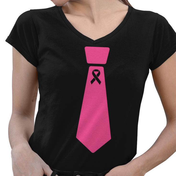 Breast Cancer Awareness Ribbon Tie Women V-Neck T-Shirt