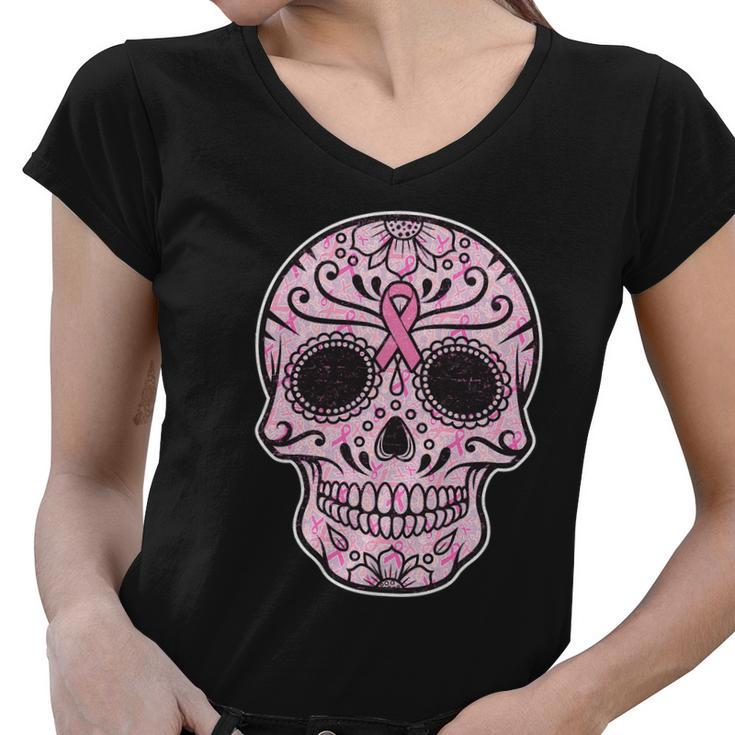 Breast Cancer Sugar Skull Day Of The Dead Dia De Los Muertos Women V-Neck T-Shirt
