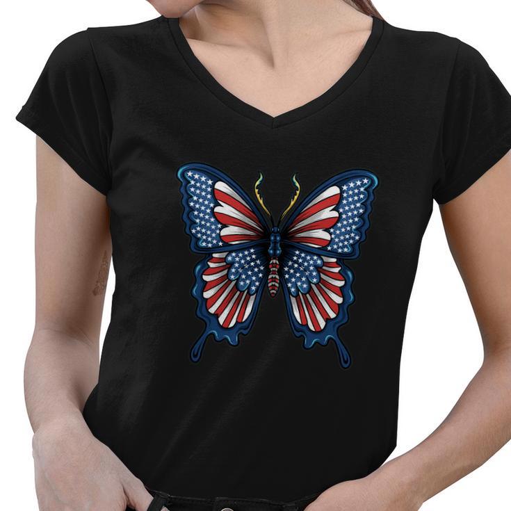 Butterfly American Flag Usa Women V-Neck T-Shirt