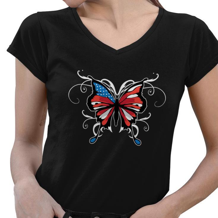 Butterfly Usa Flag Cute 4Th Of July Funny American Girl Gift Cool Gift Women V-Neck T-Shirt
