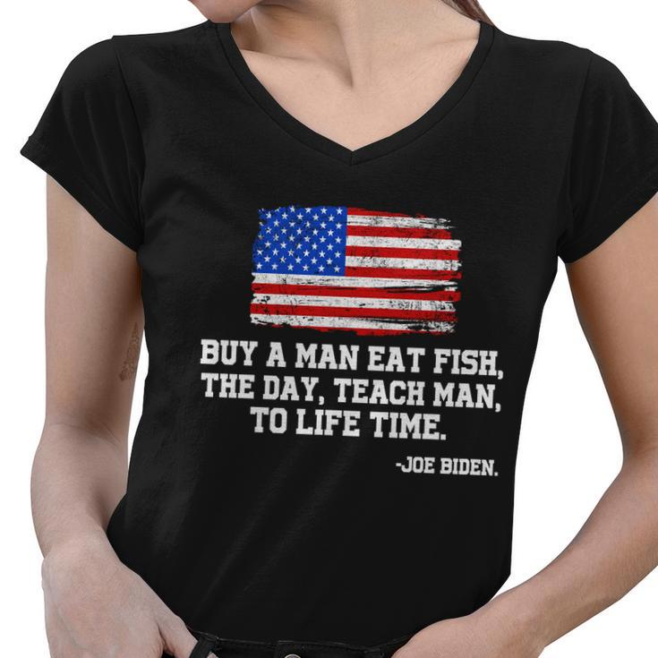 Buy A Man Eat Fish Joe Biden Usa American Flag Tshirt Women V-Neck T-Shirt