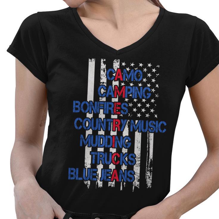 Camo Camping Bonfires Country Music Mudding  Trucks Blue Jeans Tshirt Women V-Neck T-Shirt