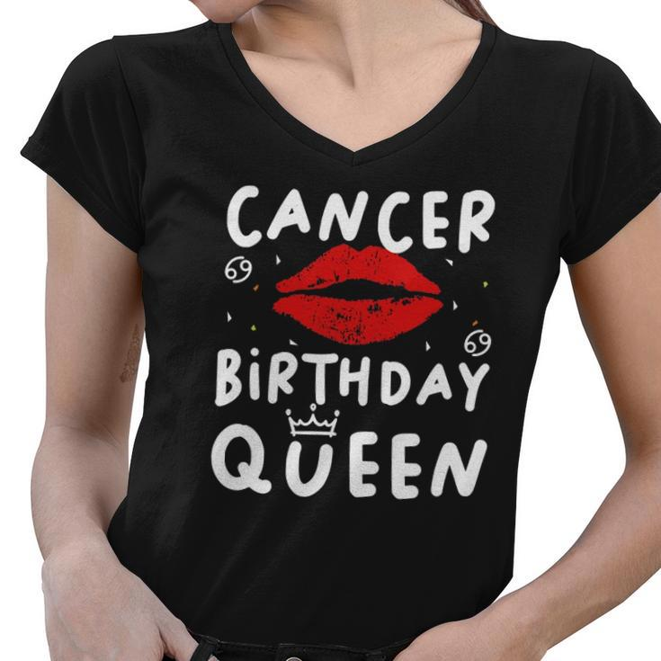 Cancer Birthday Queen Red Lips Women V-Neck T-Shirt
