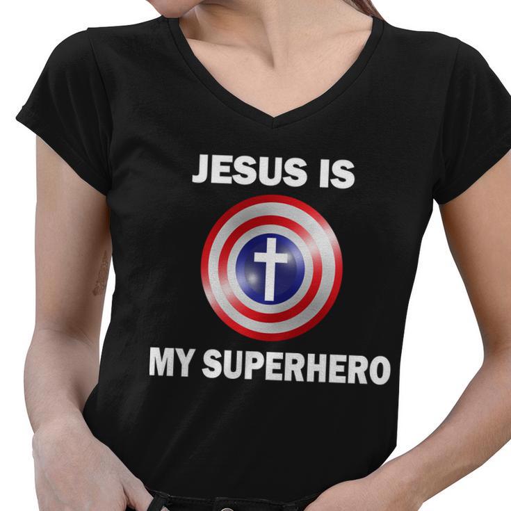 Captain Jesus Is My Superhero Cross Logo Women V-Neck T-Shirt