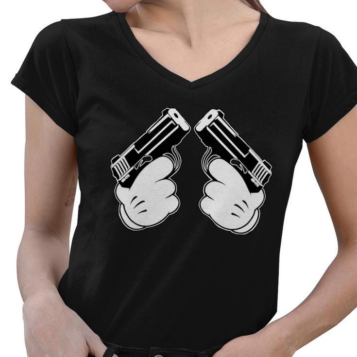 Cartoon Guns Hands Pistol Women V-Neck T-Shirt