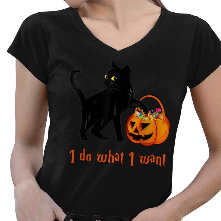 Cat I Do What I Want Halloween Candy Pumpkin Bag Black Cat  Women V-Neck T-Shirt