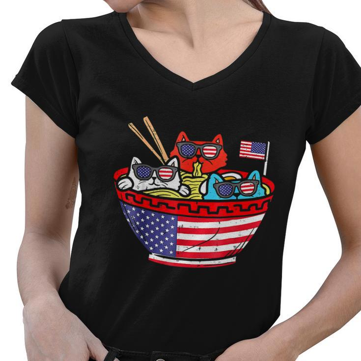 Cats Ramen Anime American Flag Usa Funny 4Th Of July Fourth Women V-Neck T-Shirt