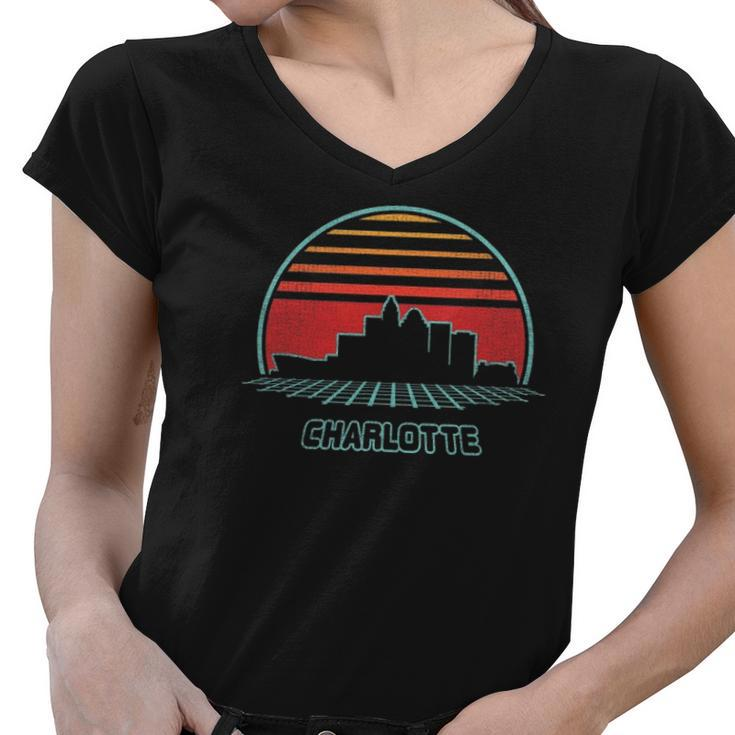 Charlotte City Skyline Retro 80S Style Souvenir Gift Women V-Neck T-Shirt