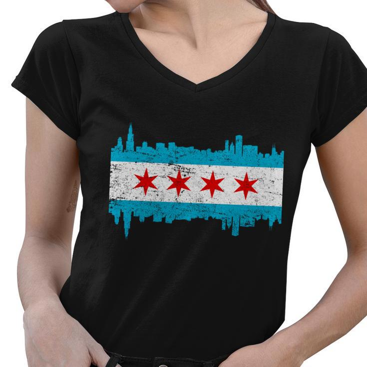 Chicago City Skyline Flag Vintage Women V-Neck T-Shirt