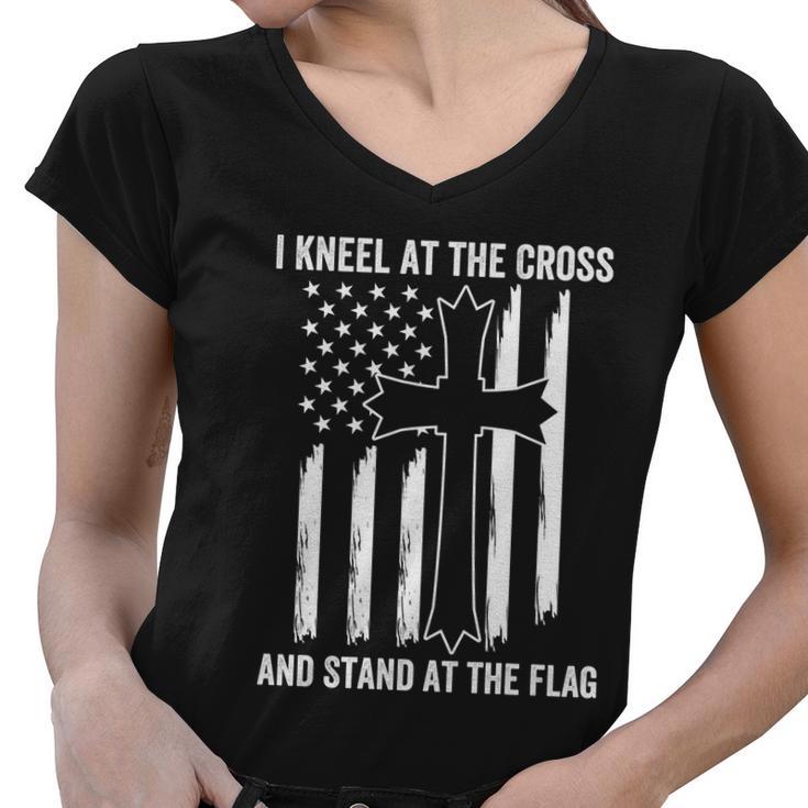 Christian I Kneel At The Cross And Stand At The Flag Gift Women V-Neck T-Shirt