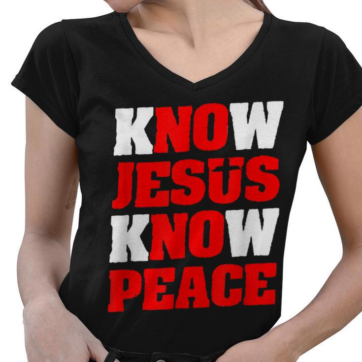 Christian Jesus Bible Verse Scripture Know Jesus Know Peace  V2 Women V-Neck T-Shirt