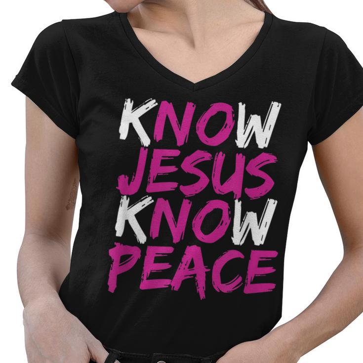 Christian Jesus Bible Verse Scripture Know Jesus Know Peace  V3 Women V-Neck T-Shirt