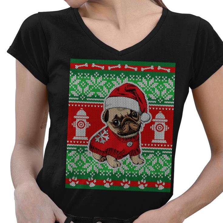 Christmas Cute Pug Ugly Sweater Women V-Neck T-Shirt