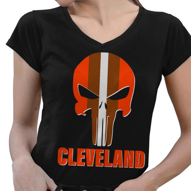 Cleveland Skull Football Tshirt Women V-Neck T-Shirt