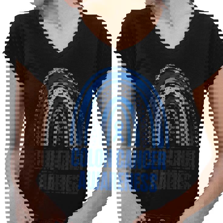 Colon Cancer Awareness Blue Ribbon And Rainbow New Awareness Women V-Neck T-Shirt