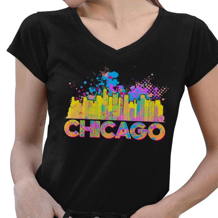 Colorful Chicago Skyline Paint Women V-Neck T-Shirt