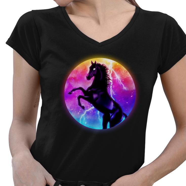 Colorful Retro 80S Eighties Lightning Galaxy Horse Women V-Neck T-Shirt
